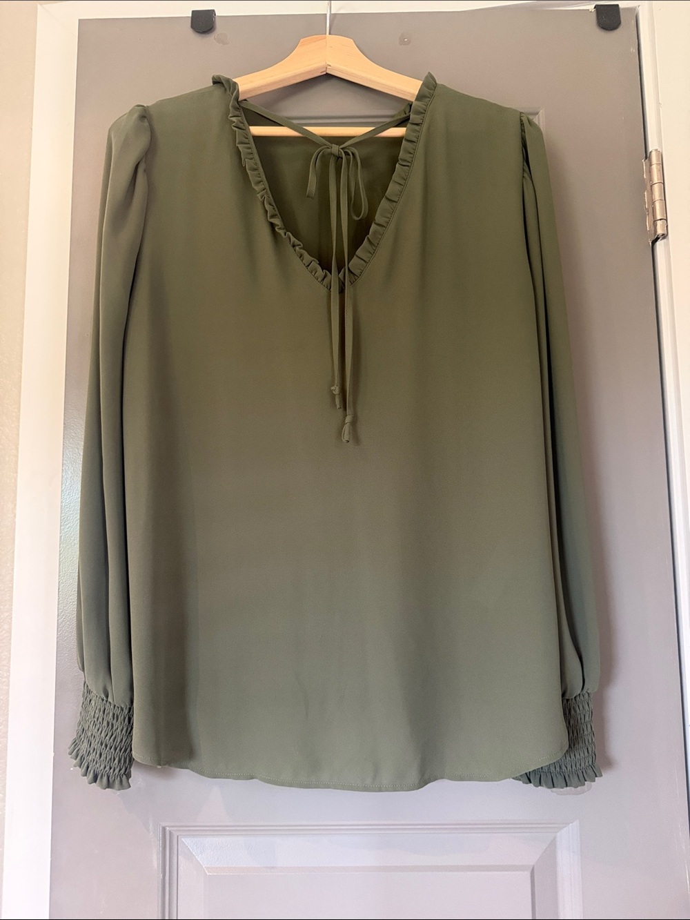 LOFT Olive Tie-Neck Ruffle V-Neck Blouse